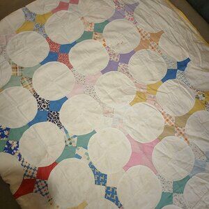 Depression Era Quilt Handmade Feedsack 4 Point Snowball Ring Vintage Multicolor